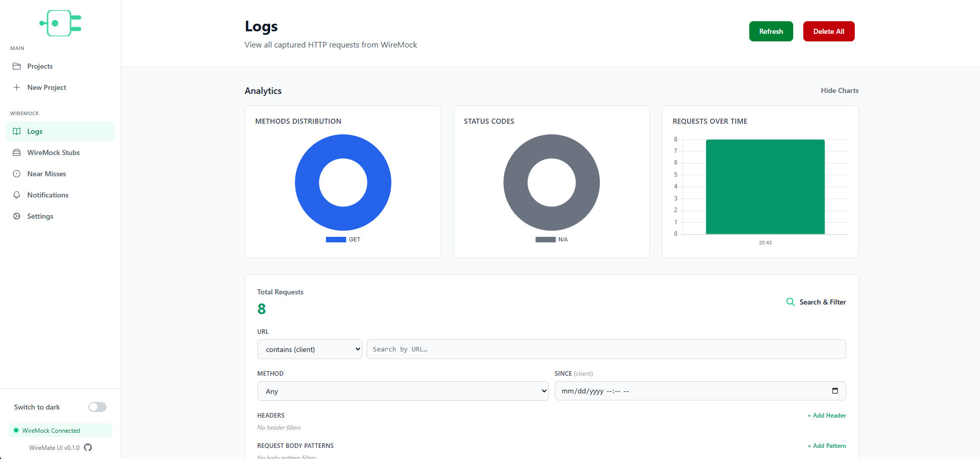 WireMate logs screen searching the WireMock request journal for matched and unmatched requests