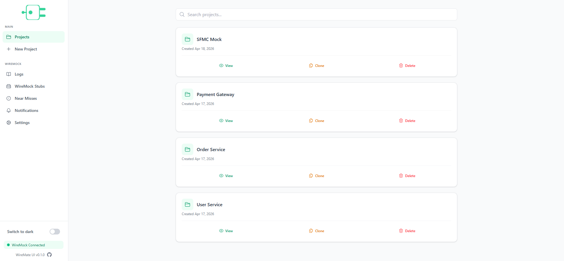WireMate projects dashboard listing WireMock mock projects with search and filtering
