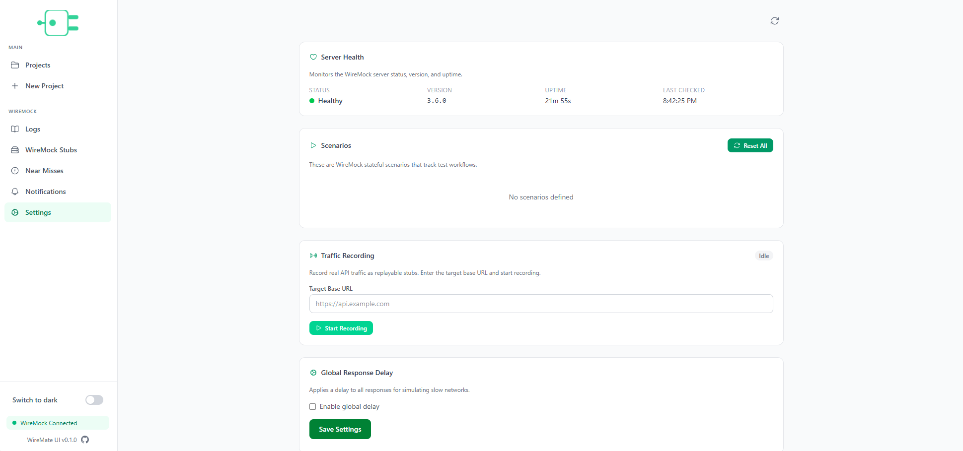 WireMate settings page for WireMock server health, global response delays, and admin operations