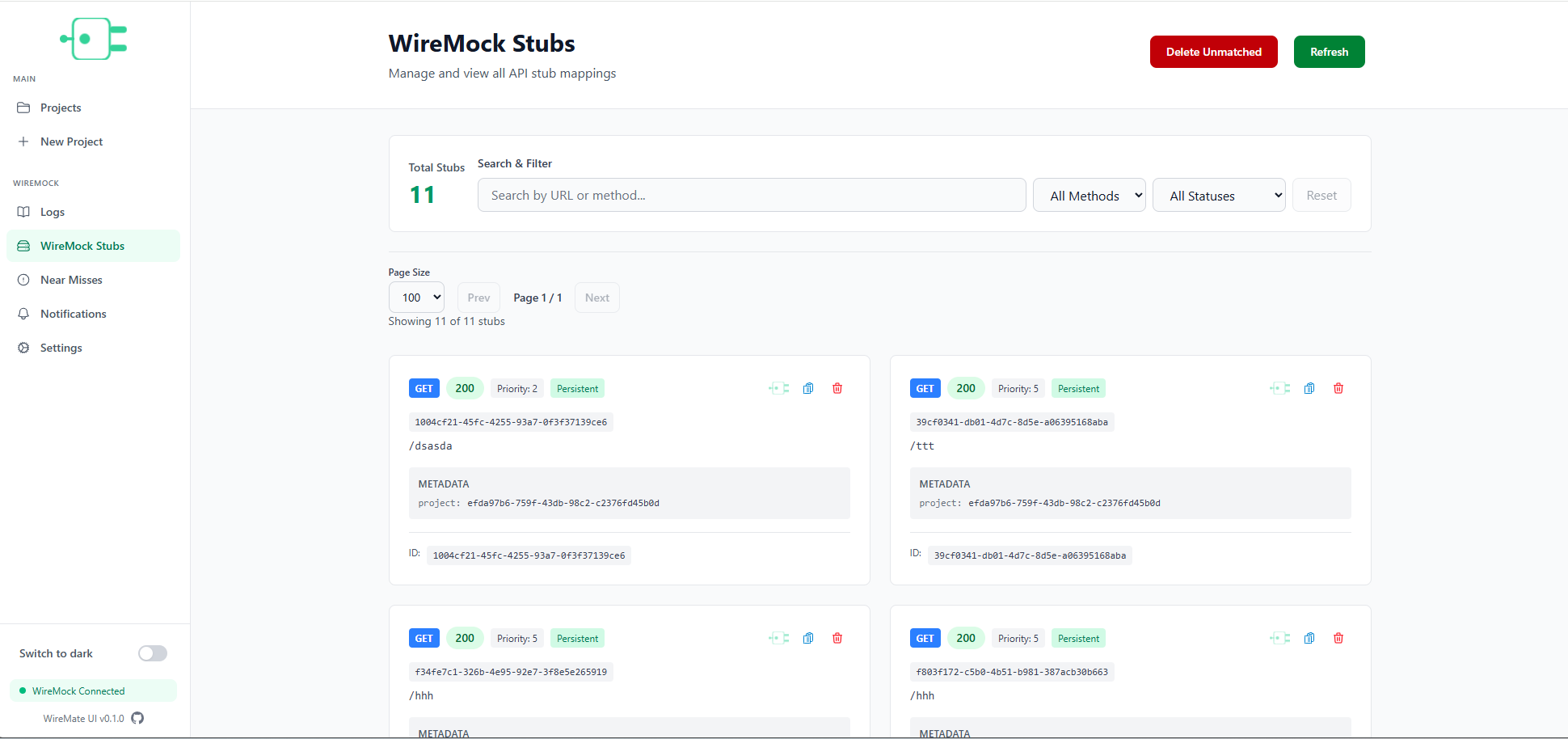 WireMate stubs viewer browsing live WireMock stub mappings by HTTP method and URL